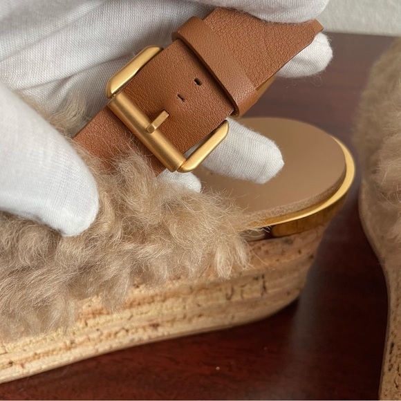 NWOT Chloe Camille Wedge Mules Fur Cork Leather Beige Sandals Shoes - Picture 10 of 13
